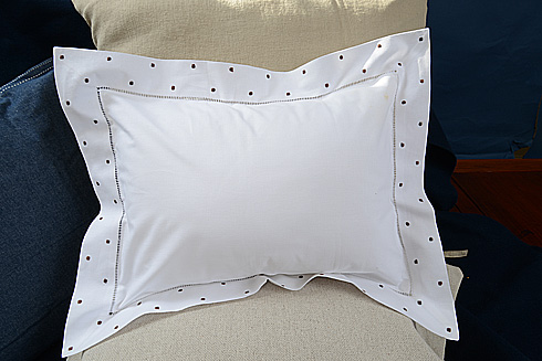 Hemstitch Baby Pillow 12"x16" Chocolate Brown Polka Dots. - Click Image to Close